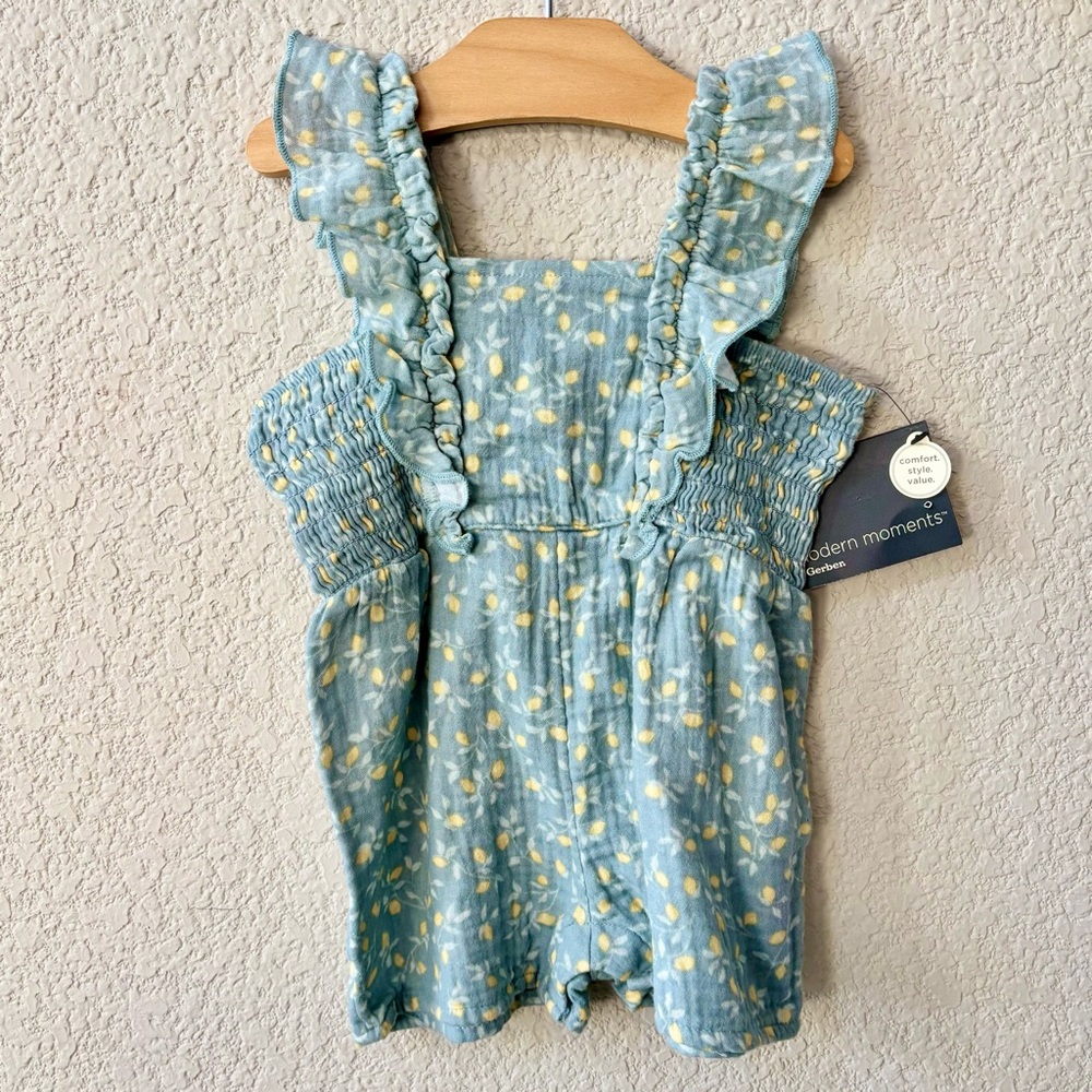🍋 Modern Moments Baby Girl Smocked Ruffle Wide Leg Romper, Lemons, Cotton 12m 🍋